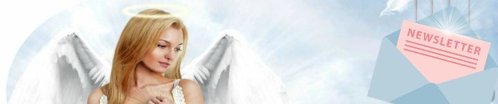 an angel with golden hair and white wings looks towards a blue envelope with the word newsletter written on it
